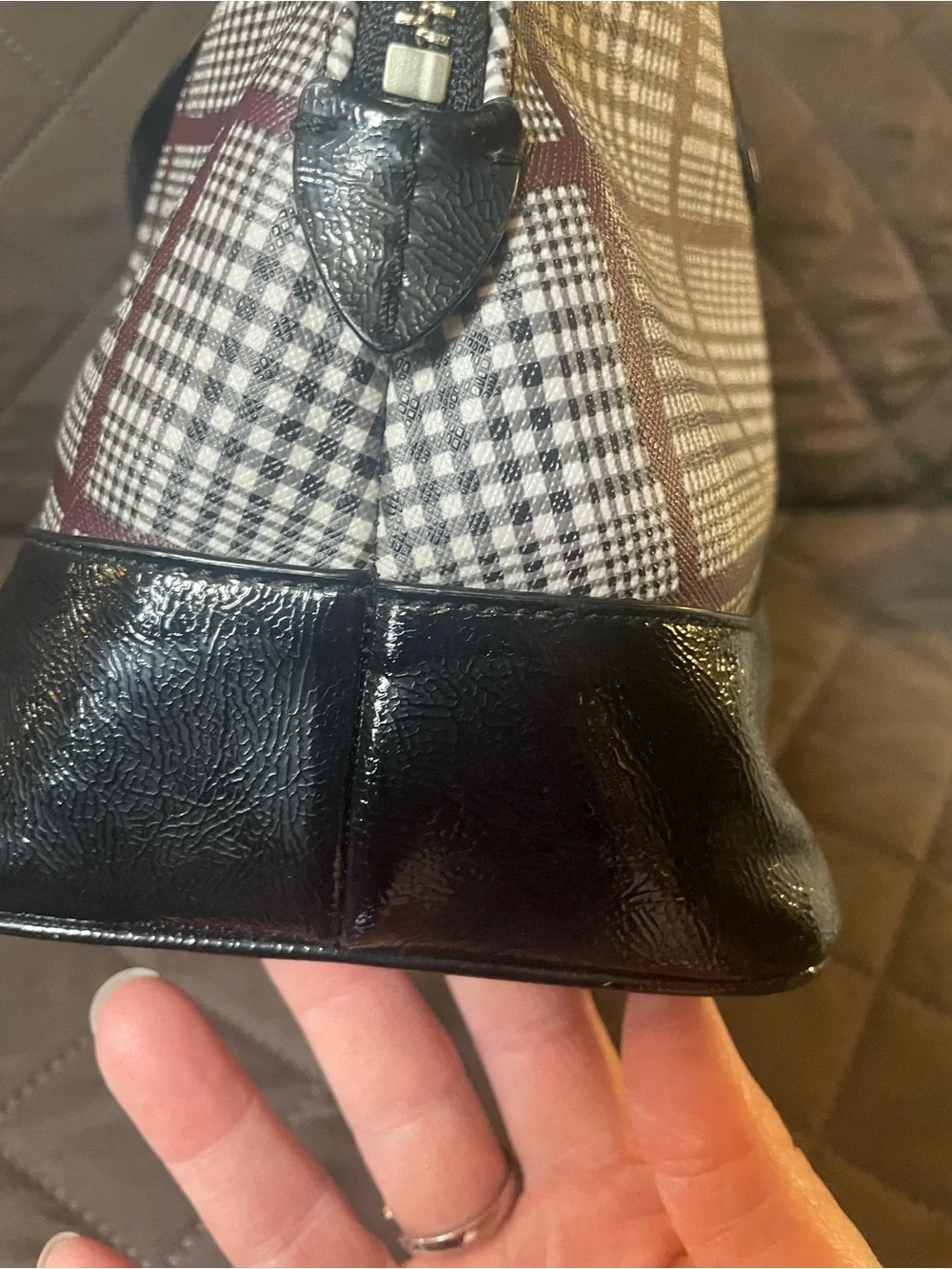 Coach Black Patent Leather Cora Glen Plaid Dome Satchel with Burgundy Accents